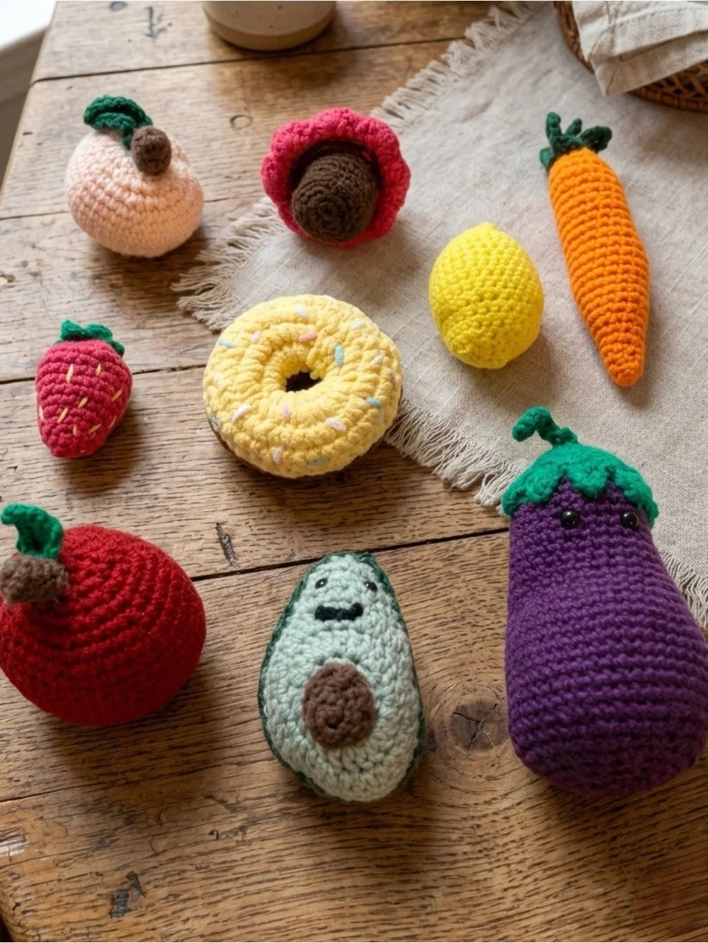Handmade Crochet Play Food Set - 9pc Amigurumi Fruits, Veggies & Donut